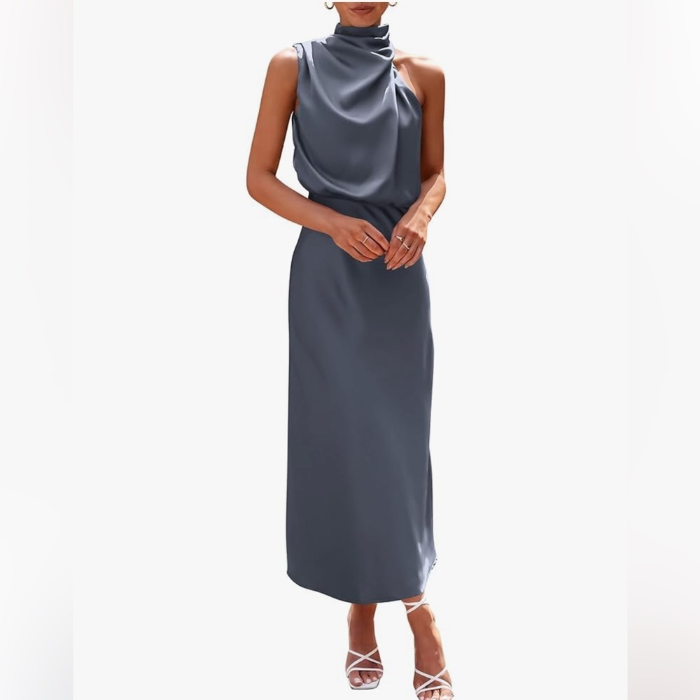Mock Neck Cocktail Sleeveless Gray Midi Dress